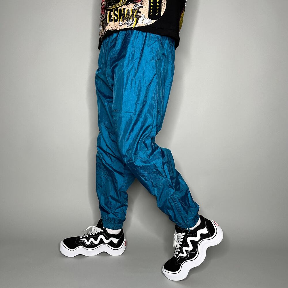 Vintage 90s Track Pants Mens L Aqua Blue Nylon Joggers Lined Ankle Zippers Flare